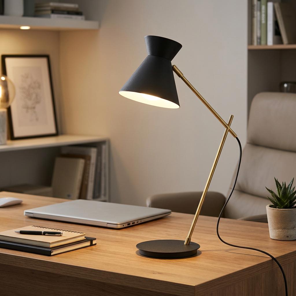 Eglo Amezaga brass and black desk lamp illuminating a wooden desk with a laptop and notebook.
