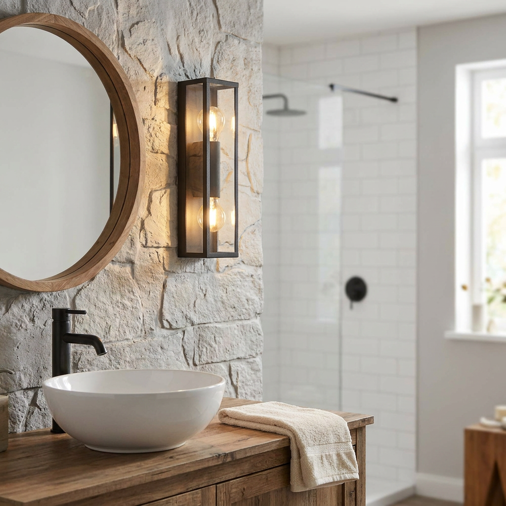 Black rectangular 2-light wall sconce on a rustic stone bathroom wall beside a round mirror and vessel sink.