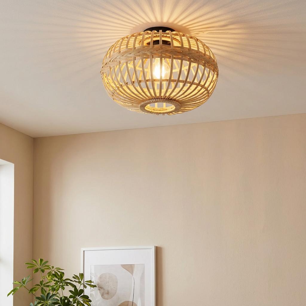 A bamboo wicker globe ceiling light illuminates a room, casting warm radial shadows on the ceiling.