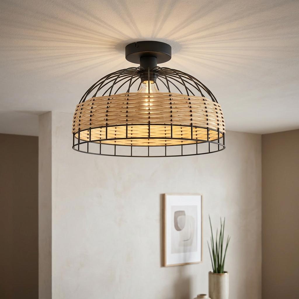 Eglo Anwick flush ceiling light featuring a black wire cage dome with a natural rattan band.