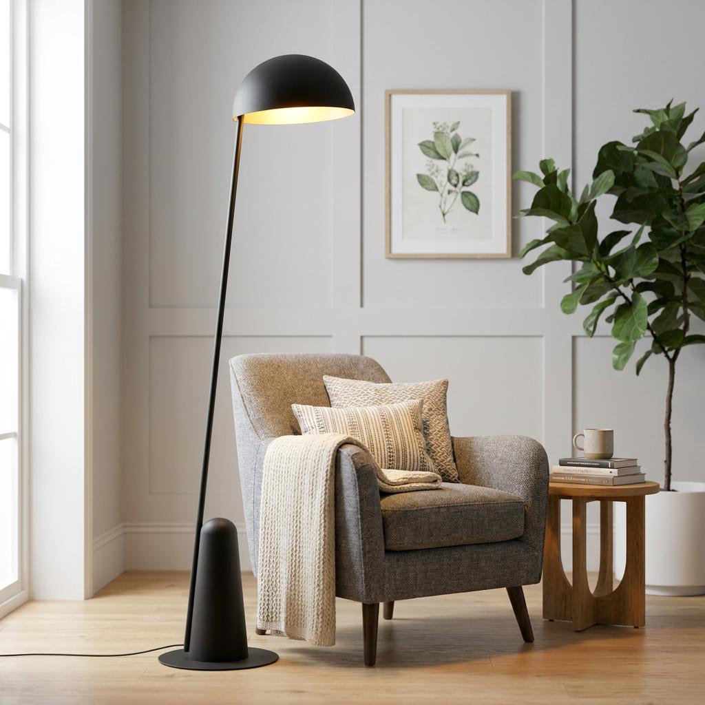 Eglo Aranzola black floor lamp casting a warm glow over a grey armchair in a modern living room.