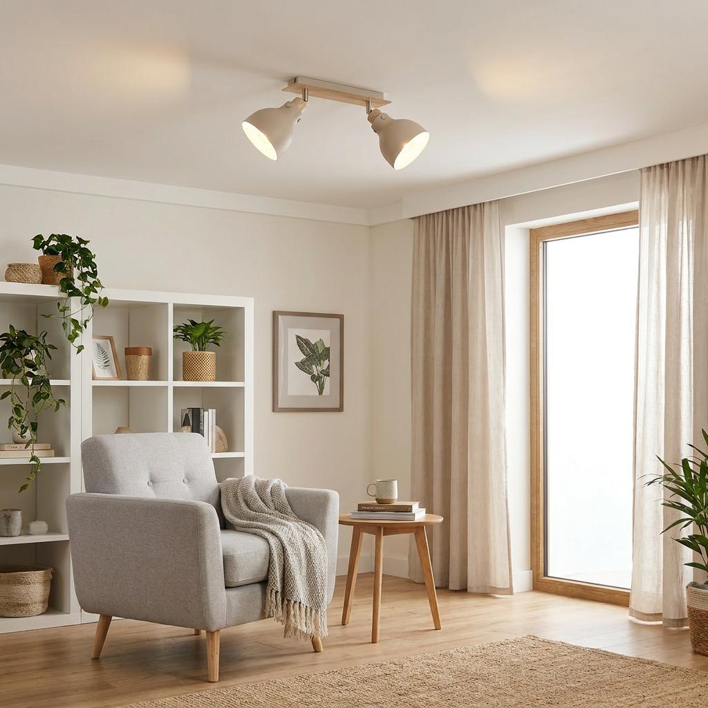 Modern sandy-colored 2-light bar spotlight mounted on the ceiling of a bright living room with neutral decor.