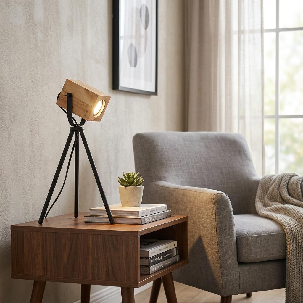 Eglo Ayles wooden block tripod table lamp illuminated on a wooden side table in a modern living room.