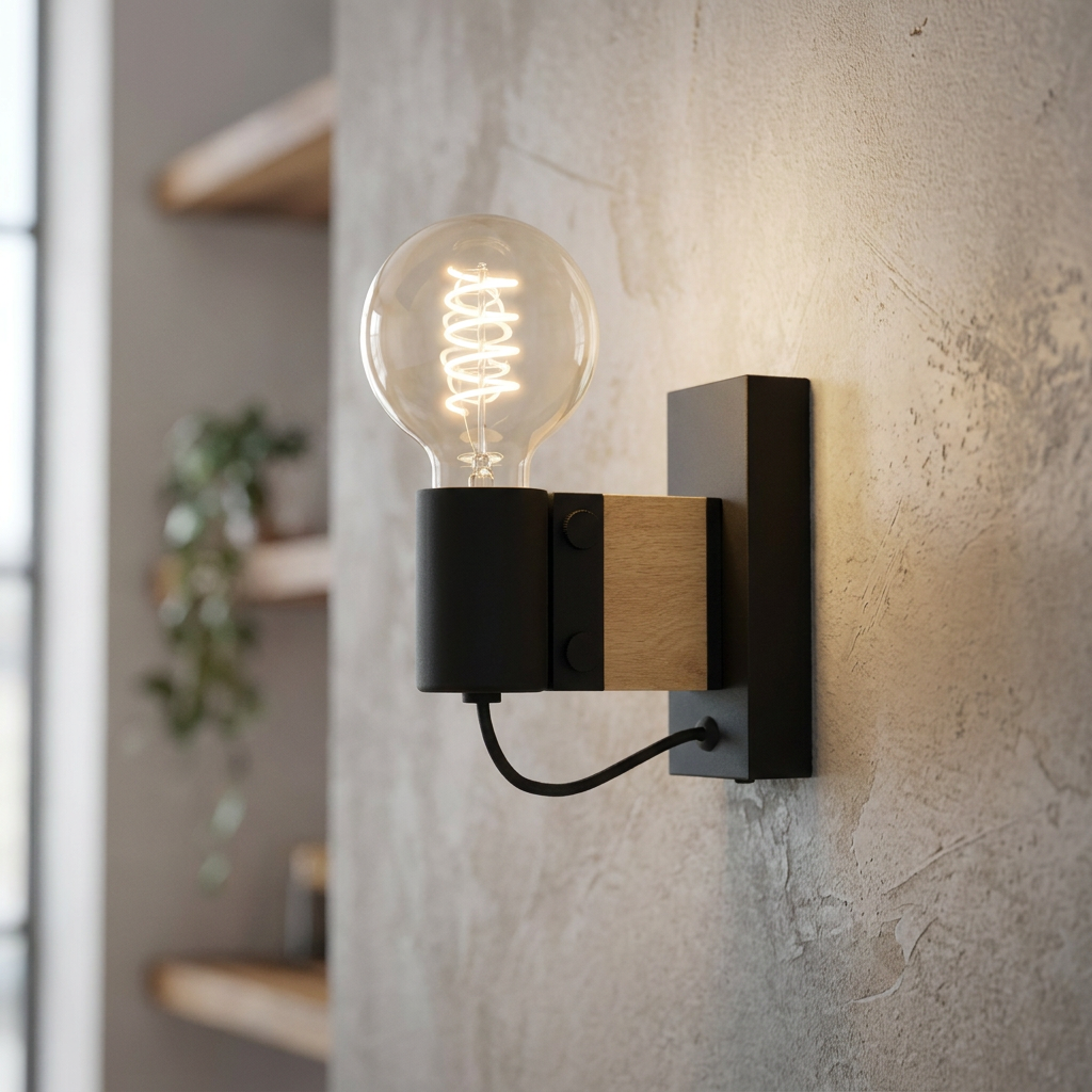 Eglo Bailrigg wall light with a black metal base, wood arm, and a large glowing globe filament bulb on a concrete wall.