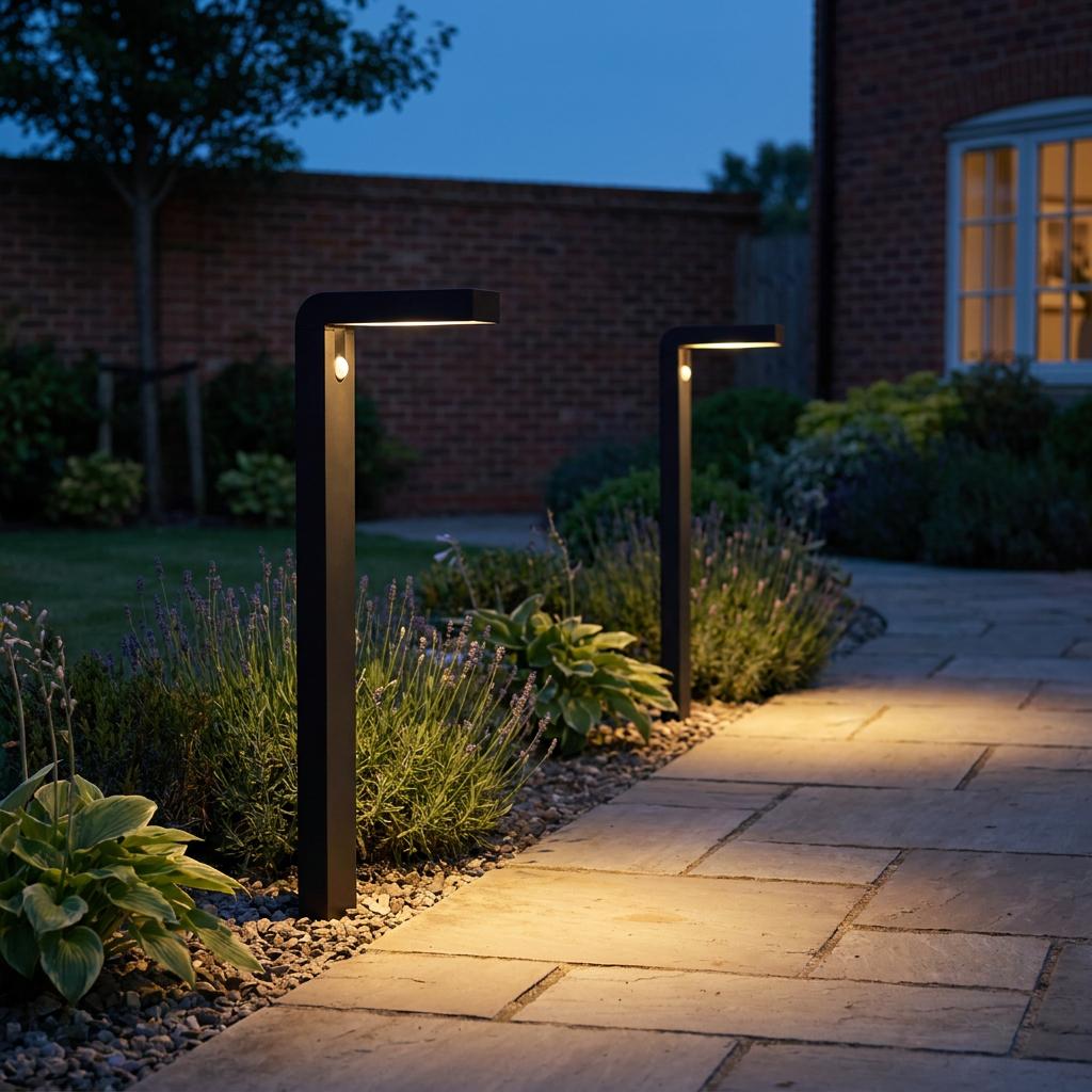 Two black L-shaped solar bollard lights illuminate a stone garden path at night near flower beds.
