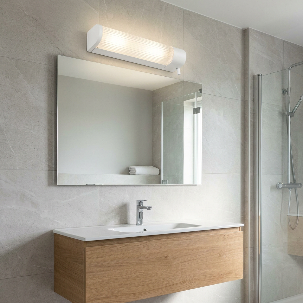 Eglo Bari 1 ribbed glass wall light with white accents mounted above a mirror in a modern tiled bathroom.