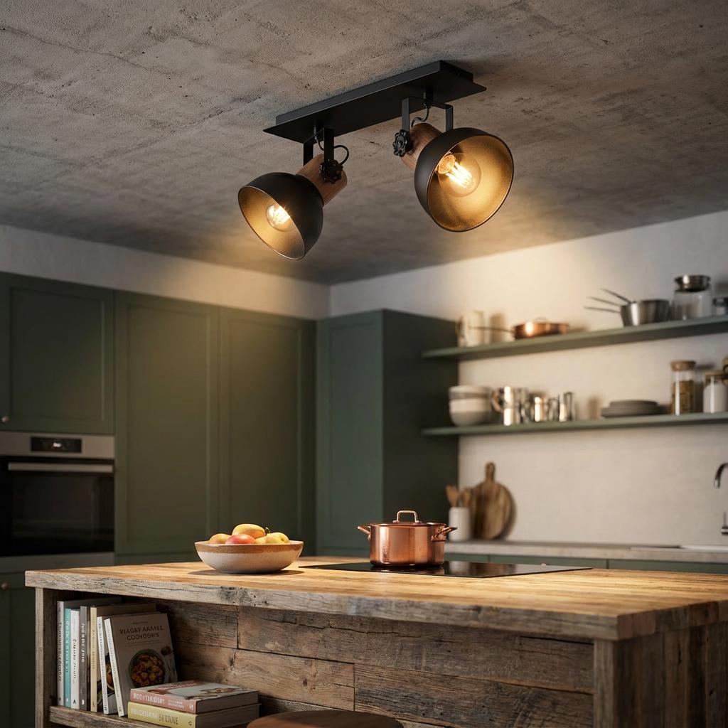Industrial 2-light bar spotlight with black metal shades and wood accents mounted on a ceiling above a kitchen island.