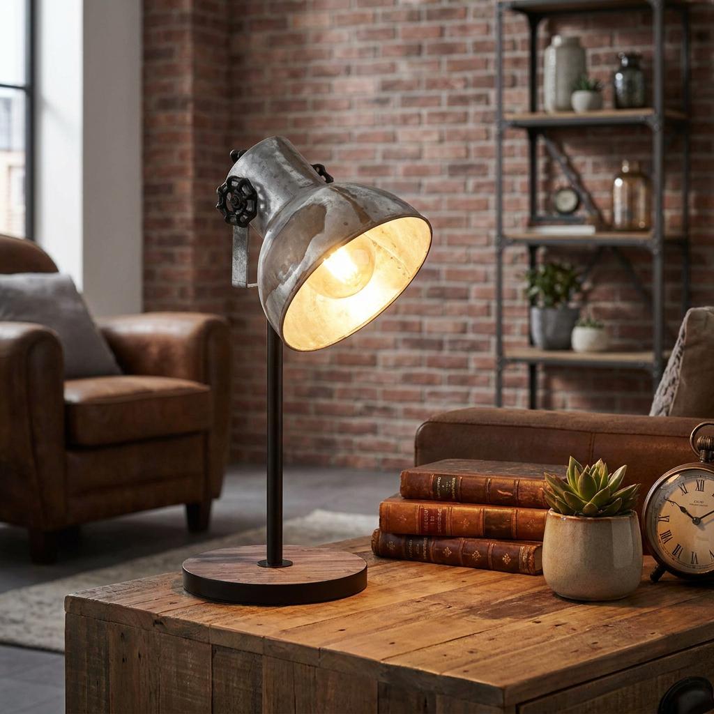 Industrial table lamp with a distressed zinc shade and wooden base on a wooden chest in a rustic living room.