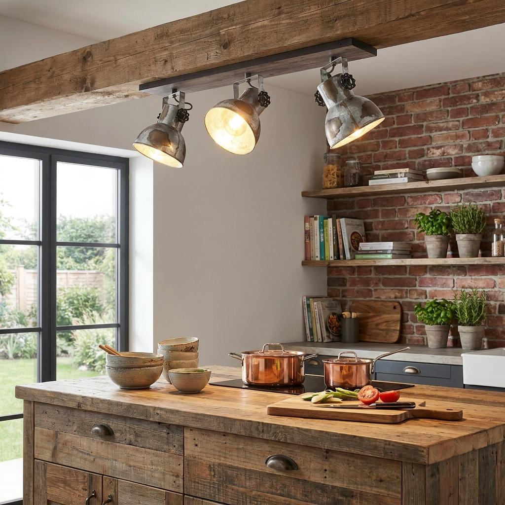 Three distressed steel spotlights on a dark wood bar, mounted to a ceiling beam above a rustic kitchen island.
