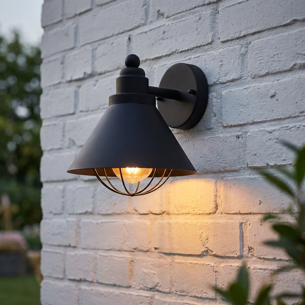 Black outdoor wall light with a conical shade and wire cage, illuminated on a white brick wall.