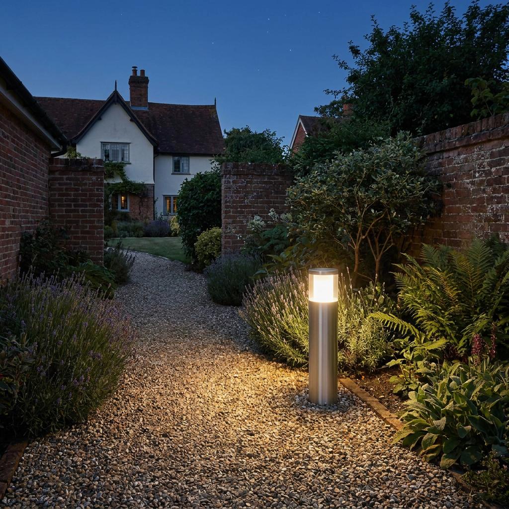 Silver LED bollard light illuminating a gravel garden pathway at twilight next to flower beds and a brick wall.
