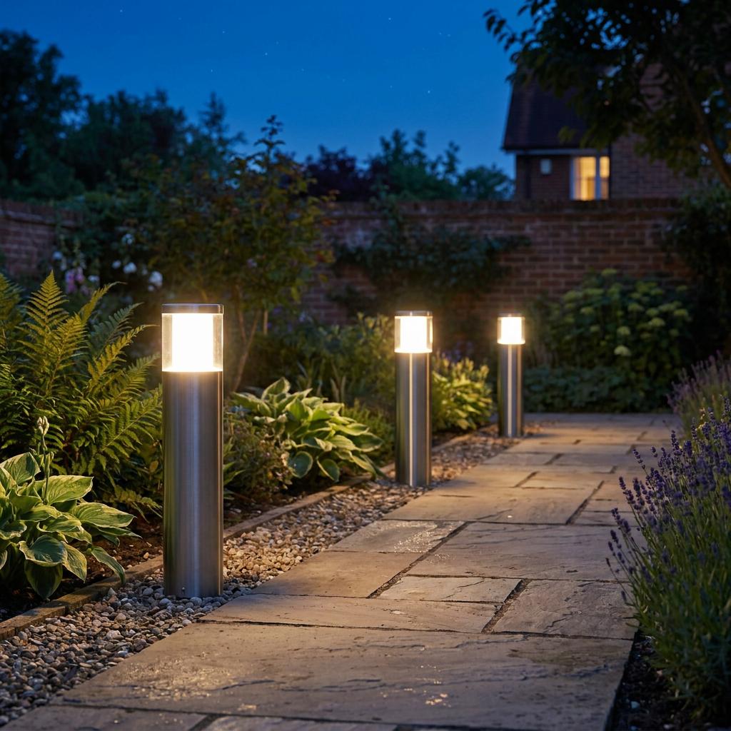 Three silver LED bollard lights illuminate a stone garden path at night among lush greenery.