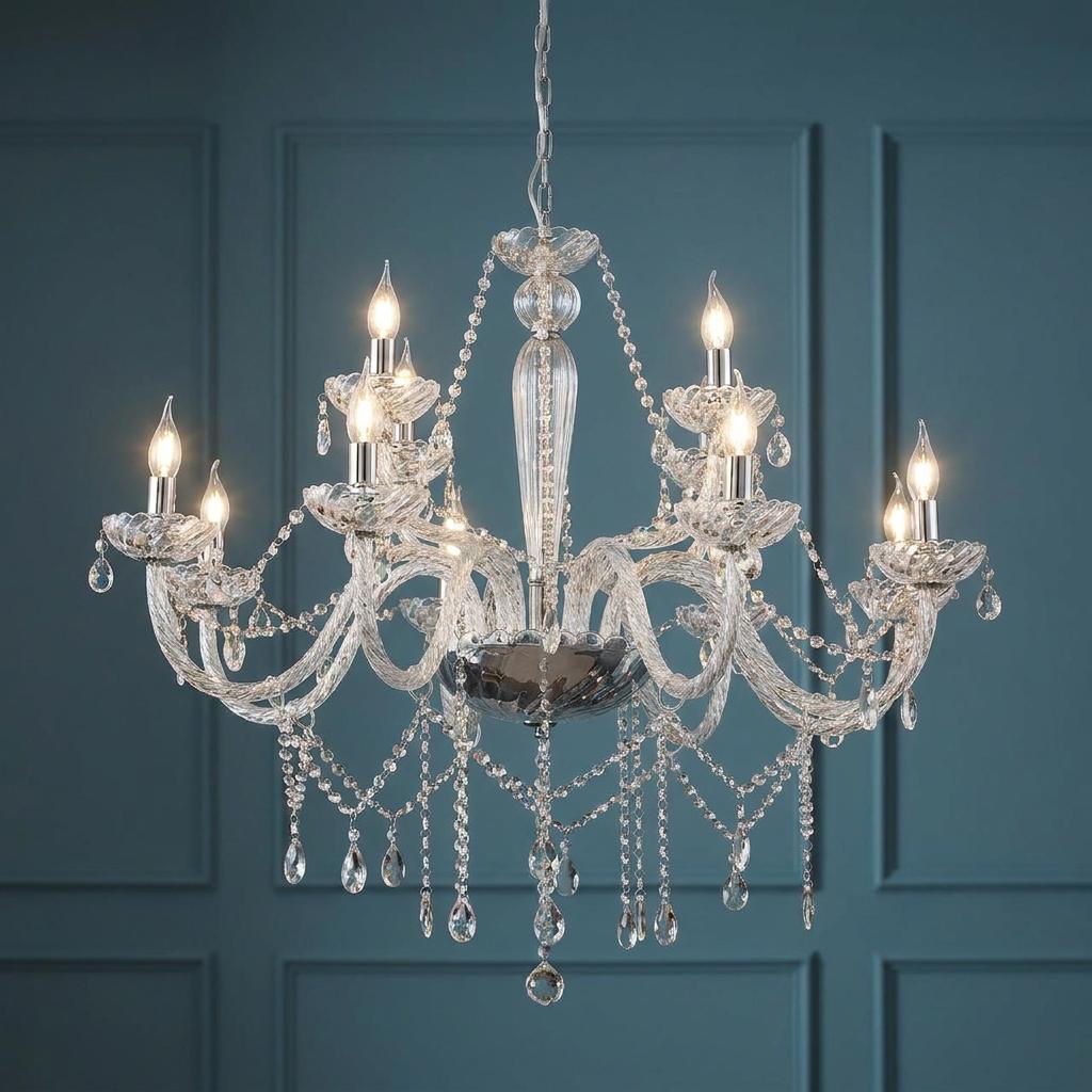 A 12-light clear glass chandelier with crystal droplets and chrome accents hanging against a teal paneled wall.