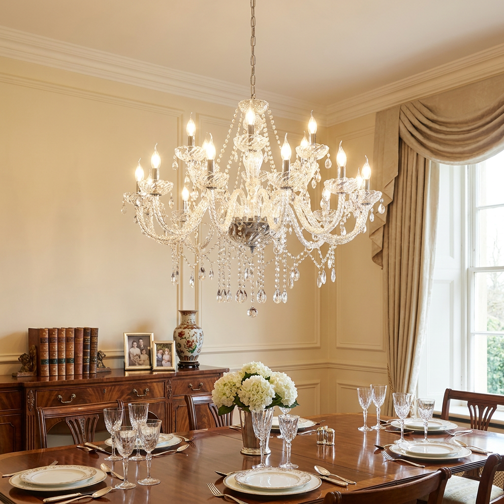 Eighteen-light chrome and clear glass chandelier with crystal droplets hanging above an elegant dining table.