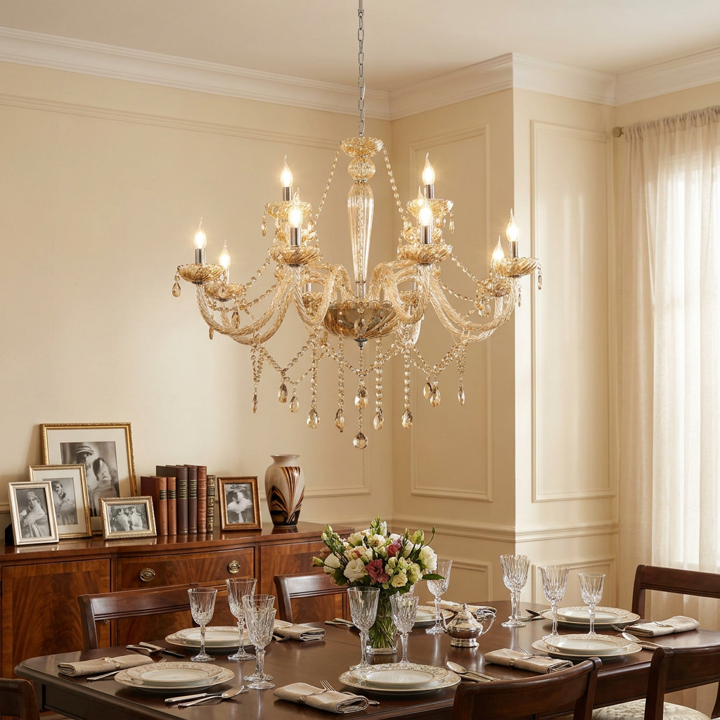 Elegant 12-light cognac glass chandelier with crystal drops hanging above a formally set dining table.