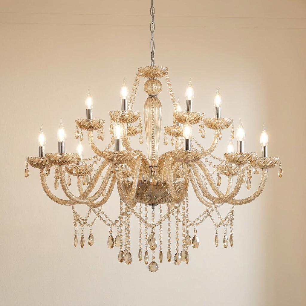Eglo Basilano 18-light chandelier with cognac glass, tiered arms, and crystal droplets against a neutral wall.