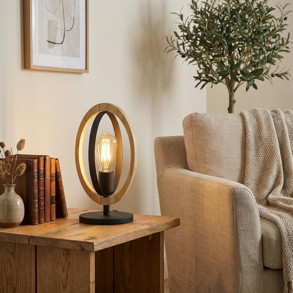 Oval wood and black metal table lamp with an exposed bulb on a wooden side table next to an armchair.