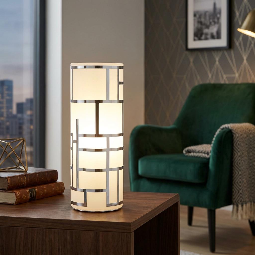 Glowing white glass cylindrical table lamp with chrome geometric overlay on a wooden table in a modern living room.