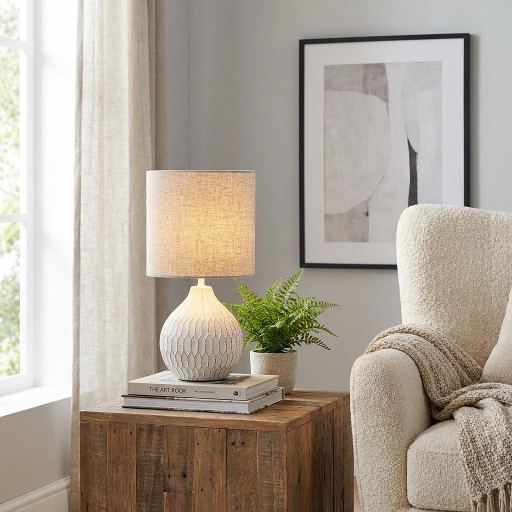 Lit white boho table lamp with a textured ceramic base and fabric shade on a rustic wooden side table.