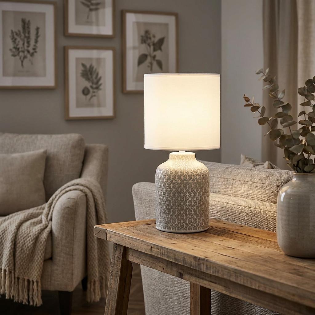 Grey ceramic table lamp with a white fabric shade illuminated on a wooden table in a living room.