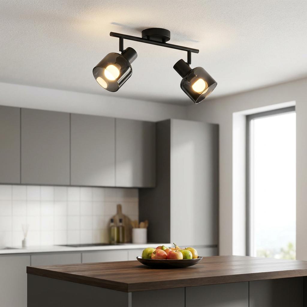 Eglo Berregas 2-light black ceiling spotlight with vaporised glass shades in a modern kitchen setting.