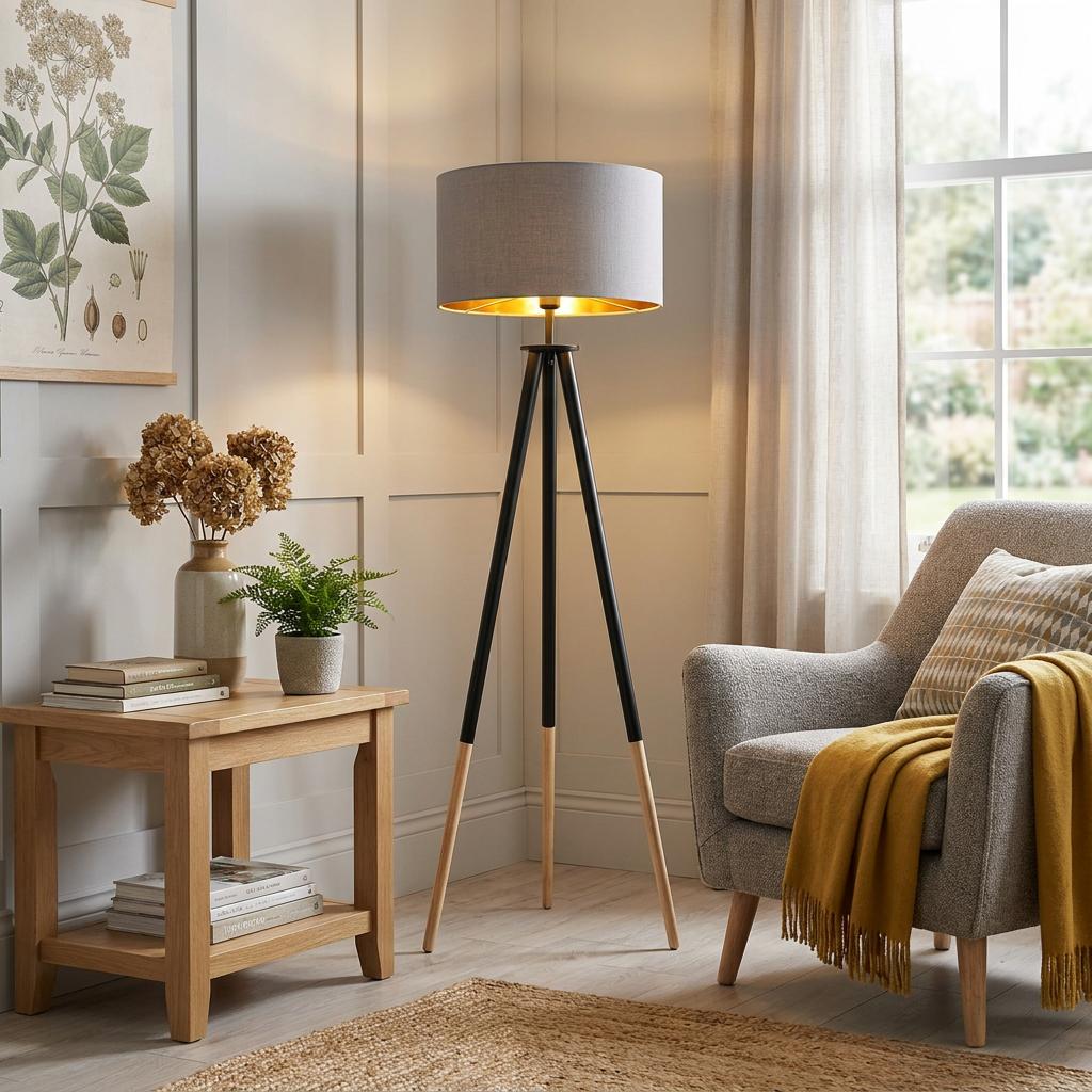 Eglo Bidford tripod floor lamp with wood and black legs and a grey fabric shade in a cozy living room corner.