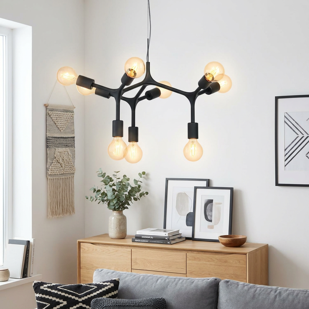 Eglo Bocadella 9-arm black metal pendant light with warm glowing bulbs in a modern living room setting.