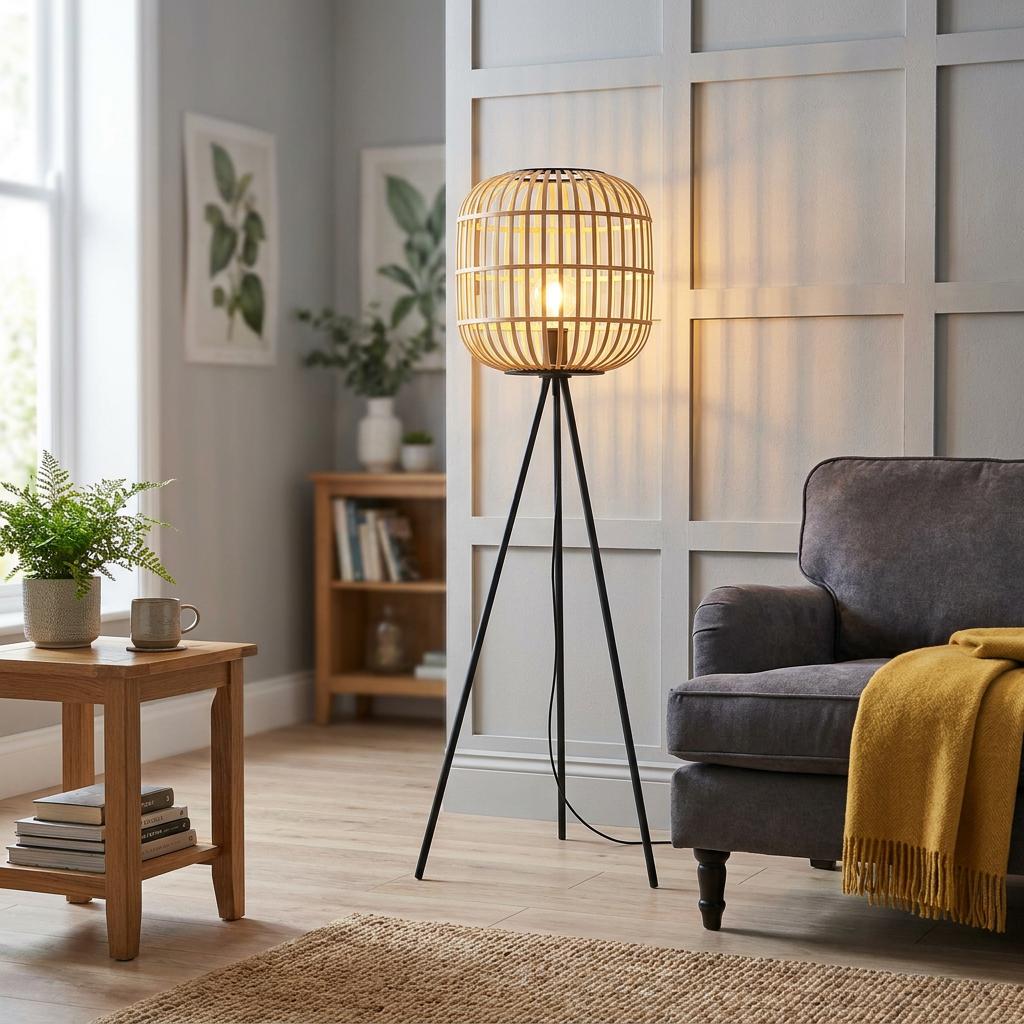 Black metal tripod floor lamp with a bamboo cage shade illuminated in a cozy living room setting.