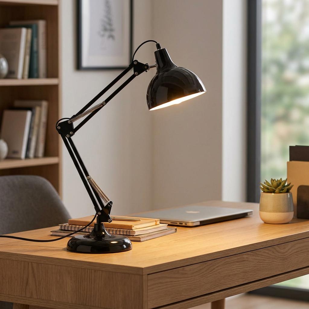 A black adjustable desk lamp illuminates a wooden workspace with a laptop and notebooks.