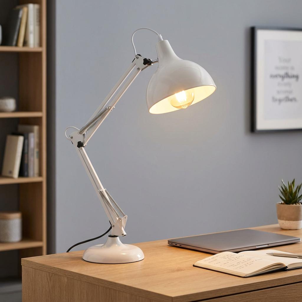 White metal adjustable desk lamp lit on a wooden desk with a laptop and notebook in a modern study.