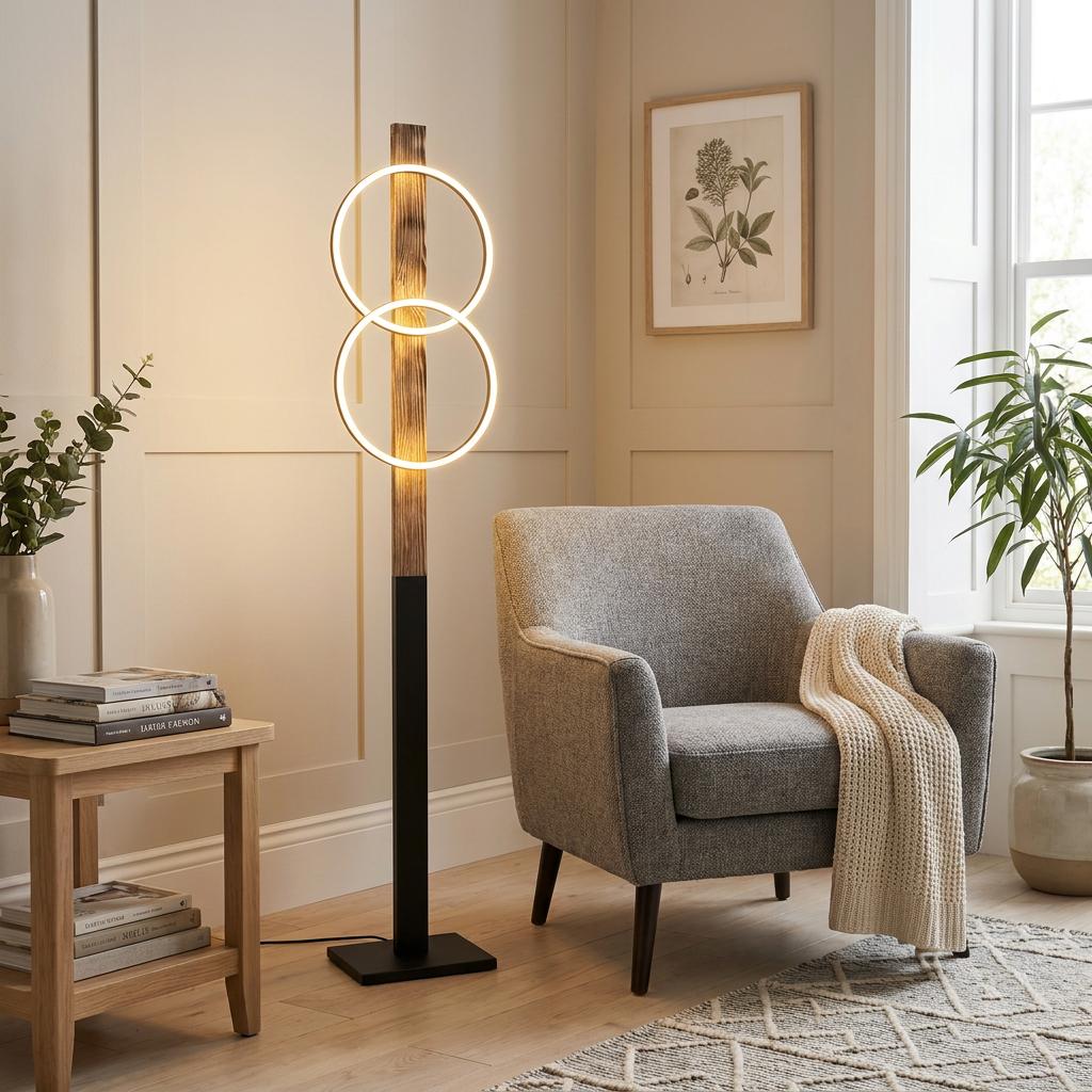 Modern floor lamp with two interlocking LED rings on a flamed wood post in a cozy living room setting.