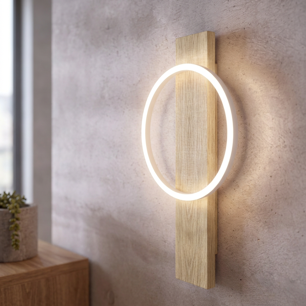 Modern circular LED ring light mounted on a vertical light wood plank against a textured concrete wall.