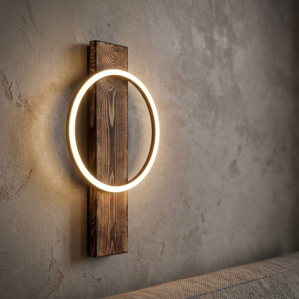 Modern circular LED wall lamp with a rustic mottled wood base on a neutral textured background.