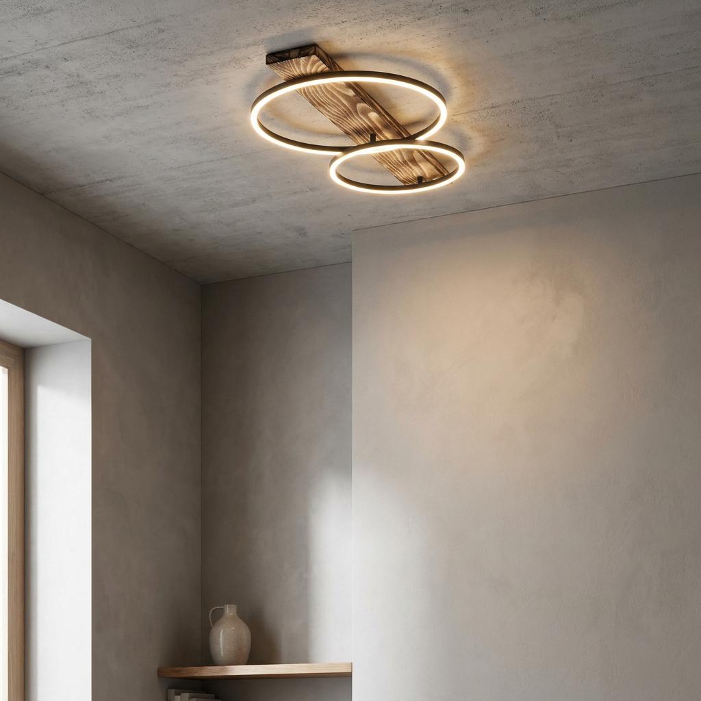 Two glowing LED circular rings on a rustic wood base, flush-mounted to a concrete ceiling in a modern room.