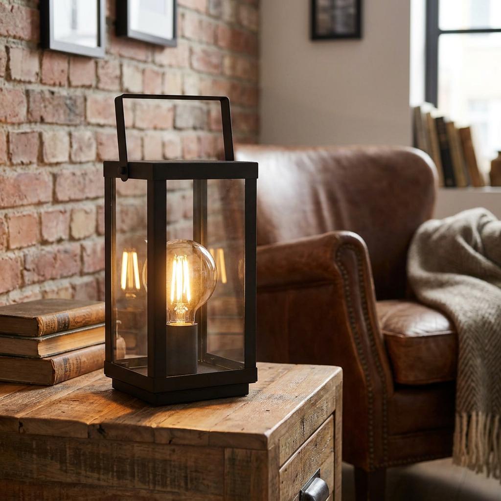 Eglo Bradford 1 black lantern table lamp with a glowing filament bulb on a wooden chest in a rustic living room.