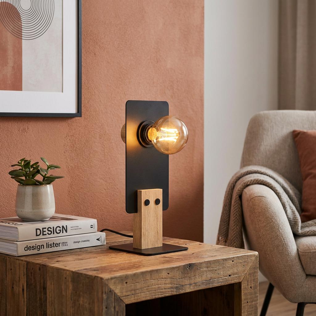 Modern black metal and wood table lamp with an amber bulb on a rustic side table next to books.