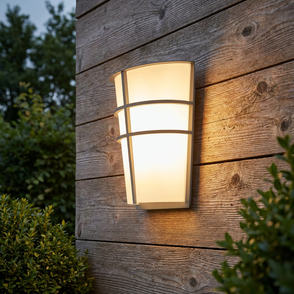 Eglo Breganzo Grey outdoor wall light with a grid frame glowing warmly on a rustic wooden wall.