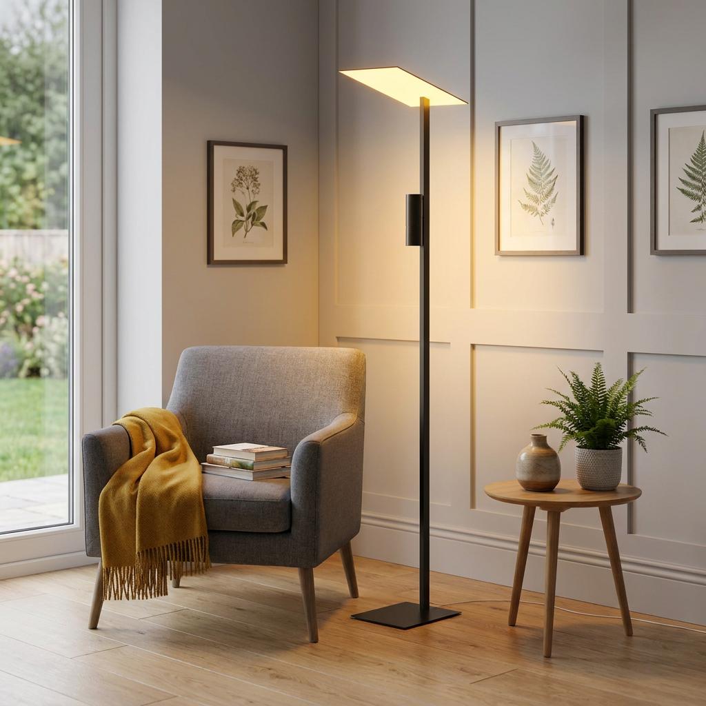 Eglo Budensea modern black floor lamp with a tilted flat panel light next to a grey armchair in a cozy living room.