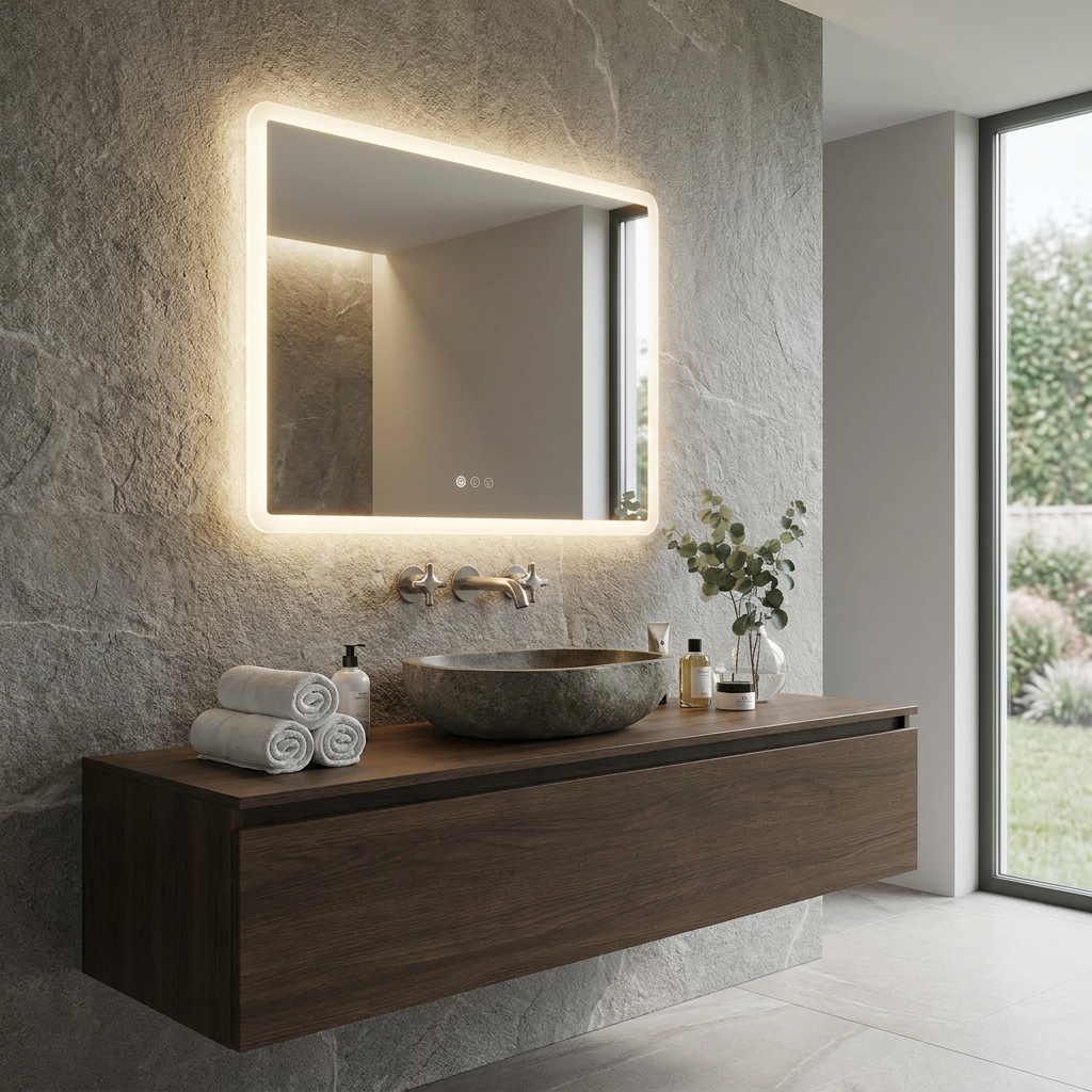 Rectangular LED bathroom mirror with a glowing border mounted on a stone wall above a wooden vanity.
