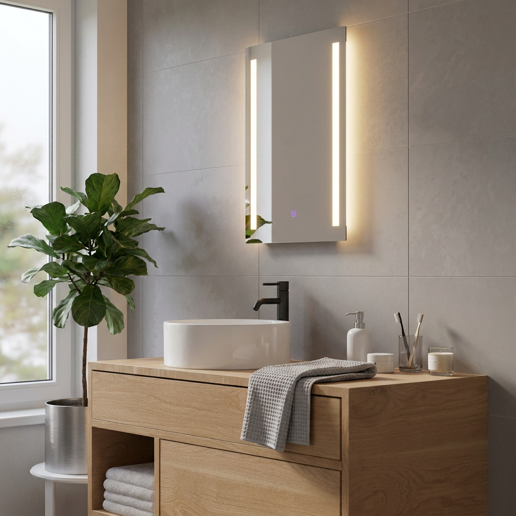 Rectangular bathroom mirror with side LED light strips above a wooden vanity and white vessel sink in a modern setting.