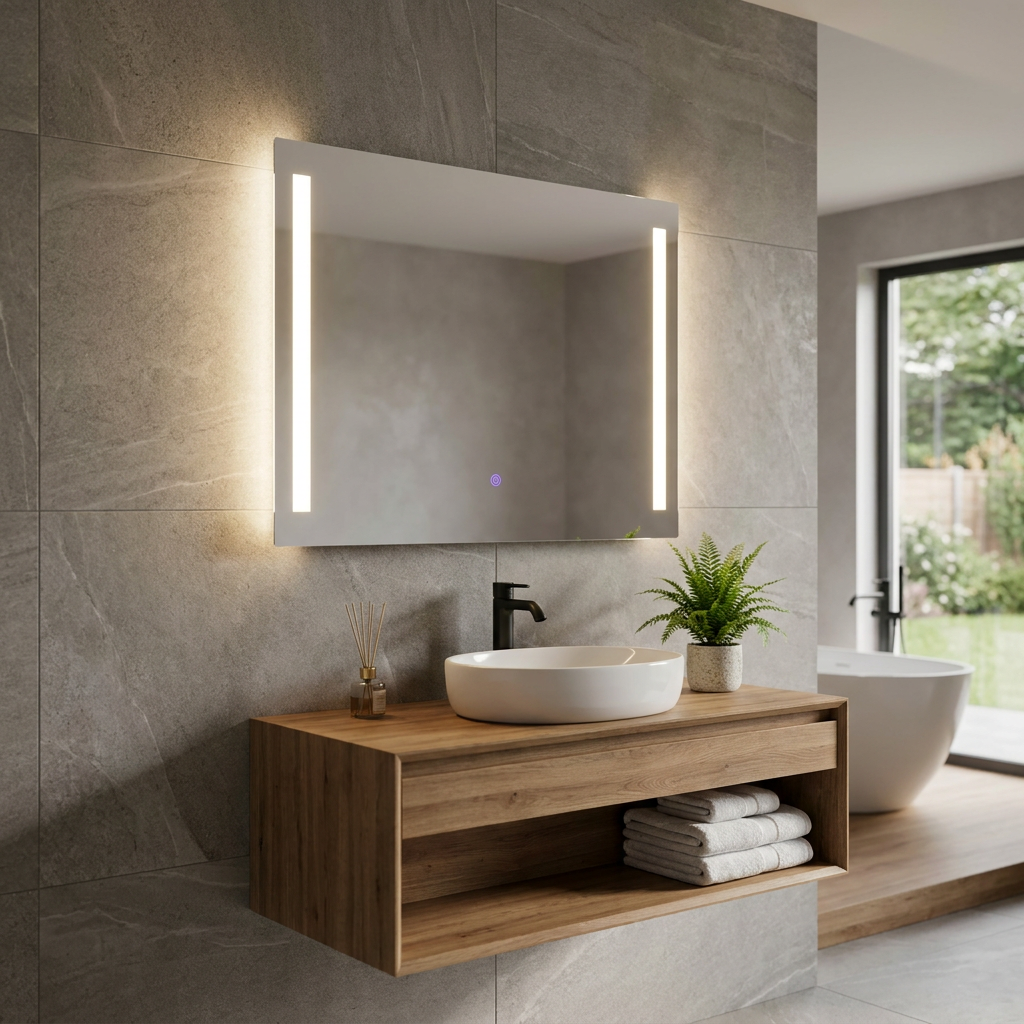 Rectangular LED bathroom mirror with vertical light strips and touch sensor mounted over a wooden vanity.