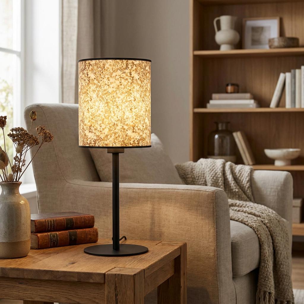 Black metal table lamp with an illuminated birch leaf fabric shade on a wooden side table in a cozy living room.