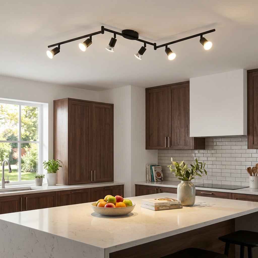 Black 6-light track spotlight on a kitchen ceiling illuminating a white island countertop.