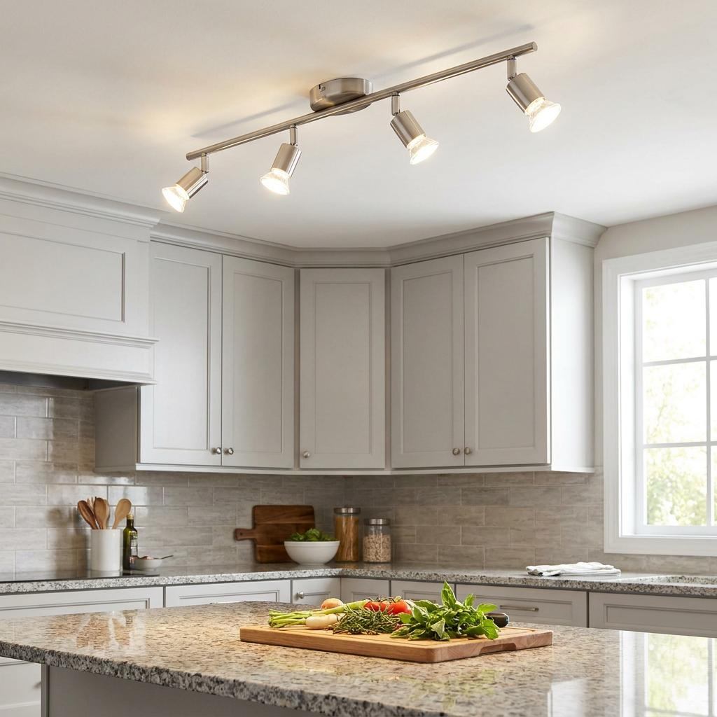 Nickel four-head bar spotlight illuminating a modern kitchen with grey cabinets and granite countertops.