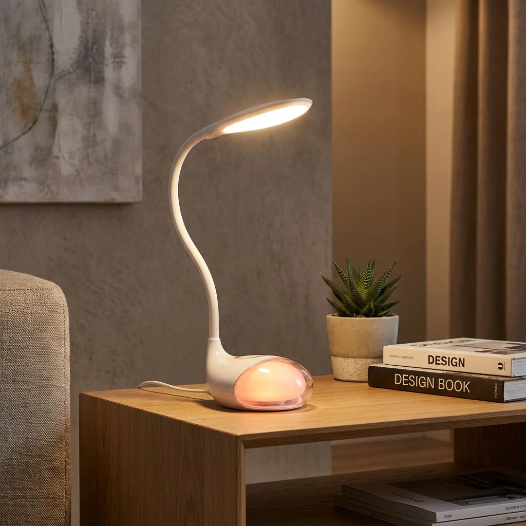 White LED desk lamp with a flexible neck and glowing base illuminated on a wooden side table beside books and a plant.