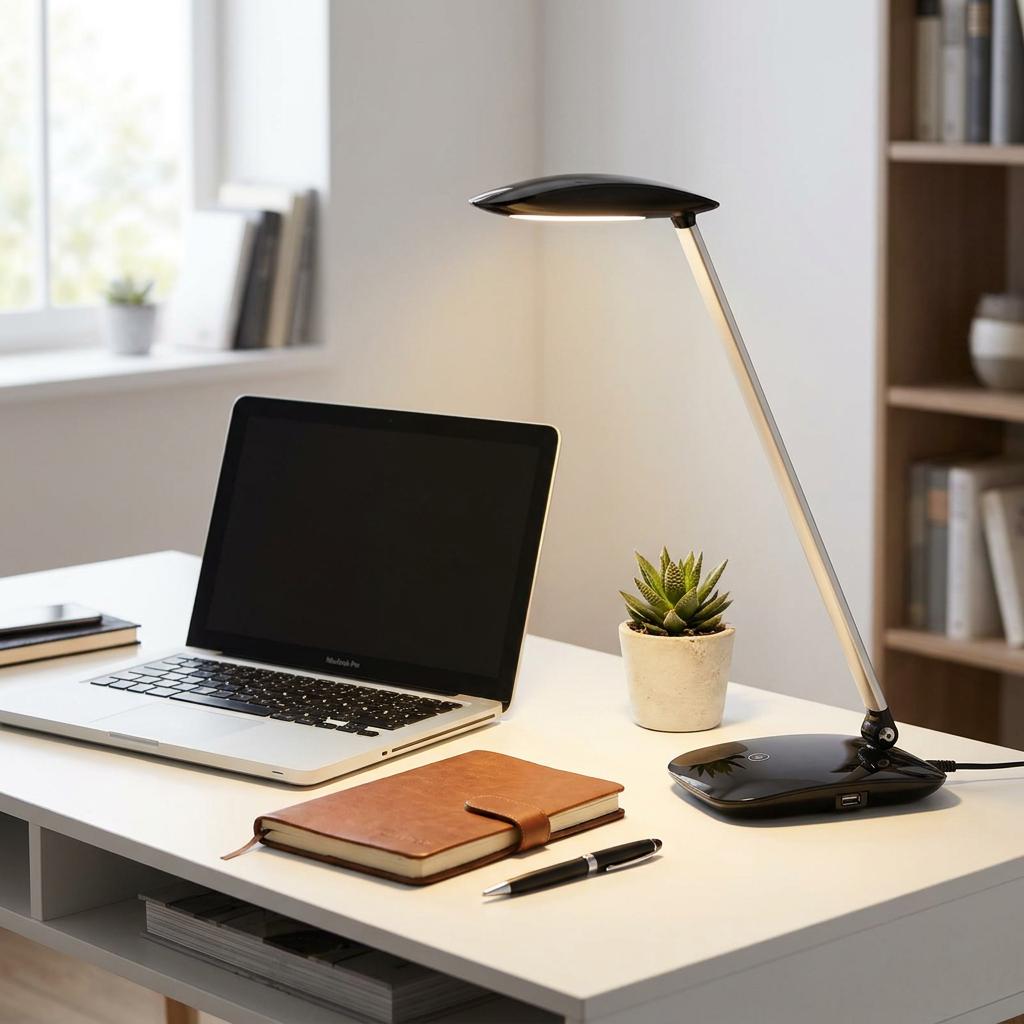 Modern black LED desk lamp with USB port lighting up a home office desk with a laptop and succulent.