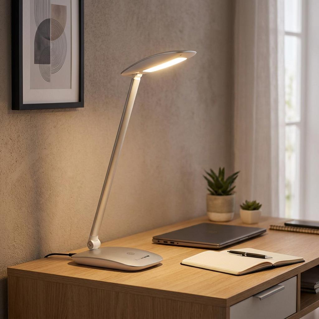 Silver Eglo Cajero LED desk lamp providing warm light on a wooden office desk next to a laptop and notebook.