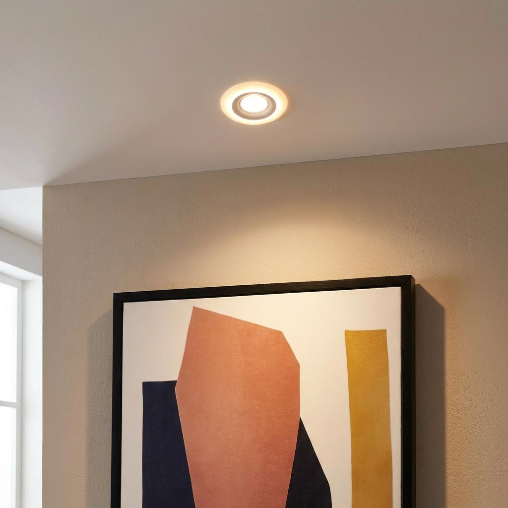Eglo Calonge round white LED recessed spotlight illuminated on a ceiling, casting light onto a framed abstract painting.