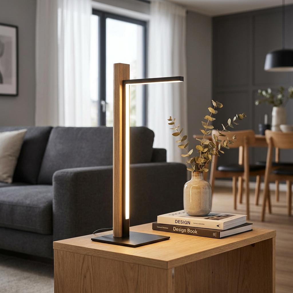 Minimalist wood and black metal LED table lamp illuminating a modern living room side table.