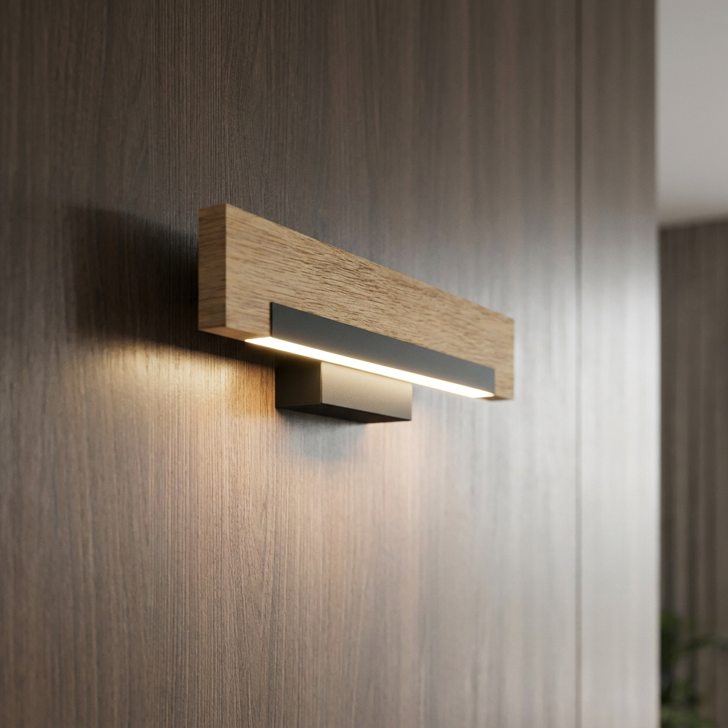 Modern linear LED wall light with an oak wood beam and black metal accents mounted on a dark wood paneled wall.